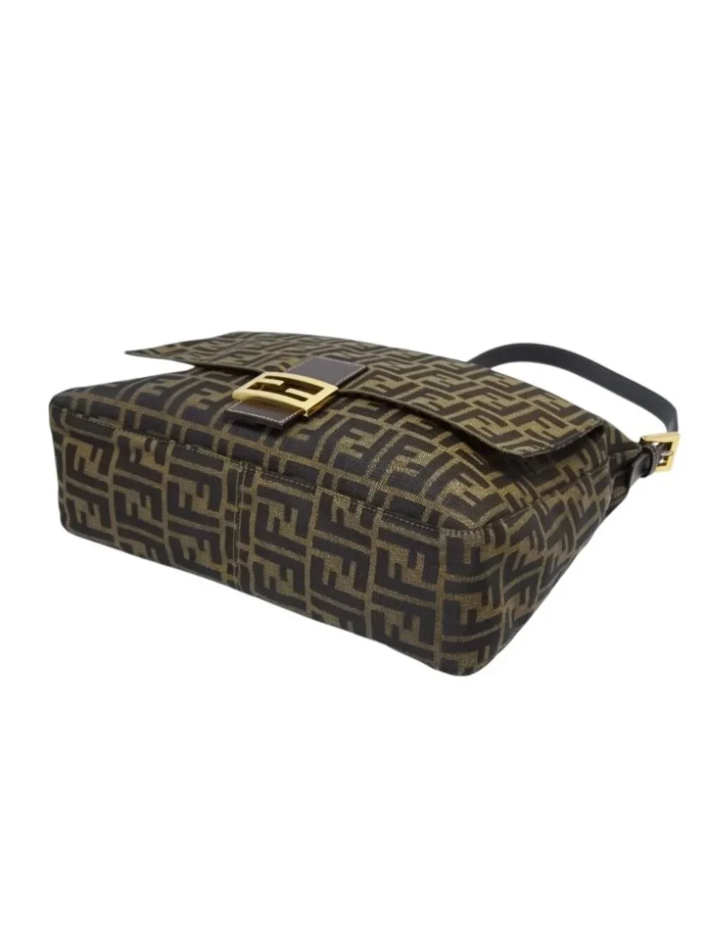 Fendi Mamma Baguette Handbag Zucca Pattern Brown Leather Canvas Gold